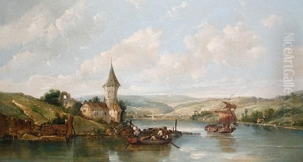 A River Landscape Oil Painting by A.H. Vickers