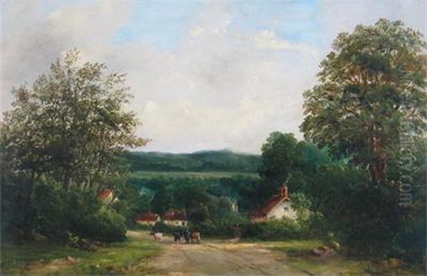 A Herdsman On A Country Road Near Cottages Oil Painting by A.H. Vickers