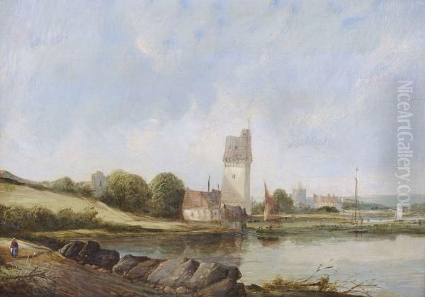 Village On The Shore Oil Painting by A.H. Vickers