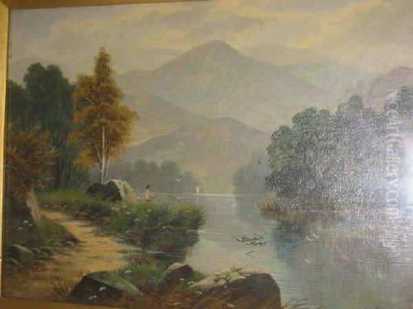 Riverscene With Boat And Figures Oil Painting by A.H. Vickers