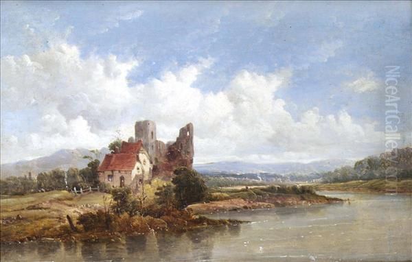 A Cottage Anda Ruined Castle On The Banks Of A River Oil Painting by A.H. Vickers