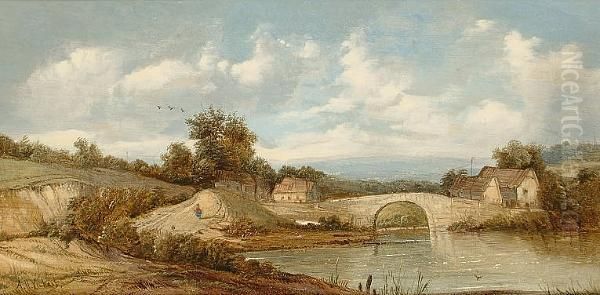 Landscape With A Figure Walking Beside A River Oil Painting by A.H. Vickers