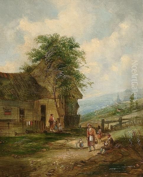 Figures Near A Country Cottage Oil Painting by A.H. Vickers