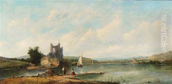 Fishing In A Lakeland Landscape With Ruined Tower And Cottages On A Bank Oil Painting by A.H. Vickers