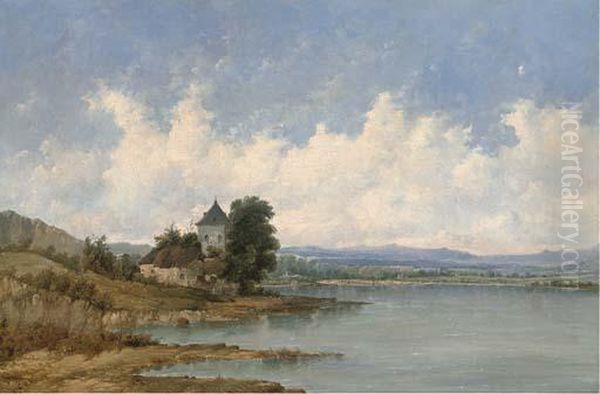 A Tower Beside A River Oil Painting by A.H. Vickers