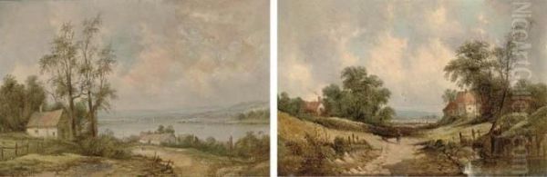 Cottages In A Summer Landscape With A River Beyond; And A Figure On A Country Track Oil Painting by A.H. Vickers