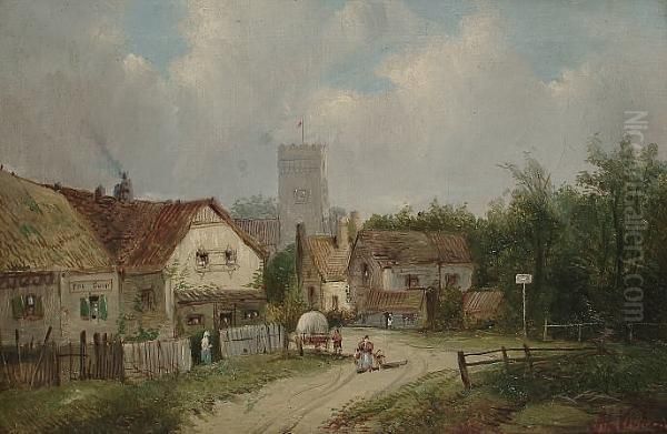 Figures By An Inn, A Castle In The Distance Oil Painting by A.H. Vickers