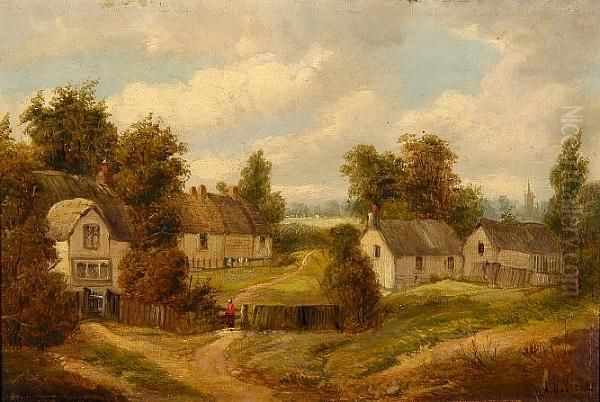 Figure On A Path By Cottages Oil Painting by A.H. Vickers