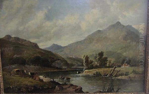 A River Landscape With Cattle At Rest Oil Painting by A.H. Vickers