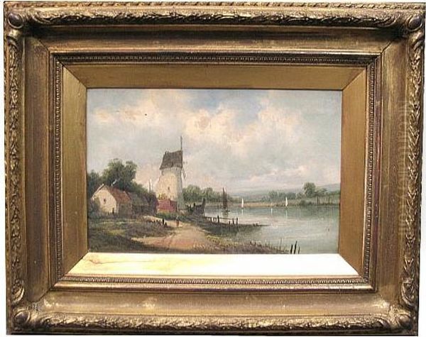 A View Of A Windmill And Sailboats On A River; A View Of A Town By A River (a Pair) Oil Painting by A.H. Vickers