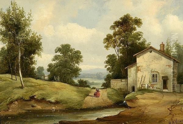 The Cottage By The Ford Oil Painting by A.H. Vickers