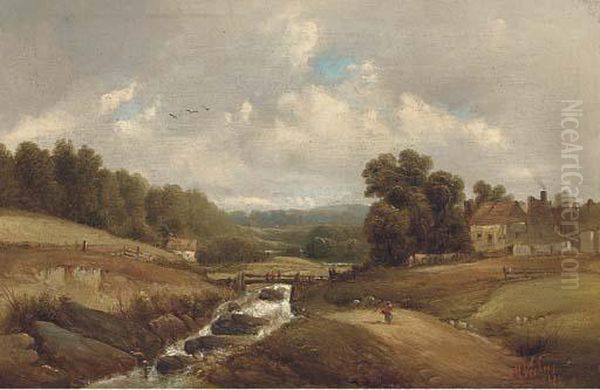 Figure On A Track By A Brook, With Buildings Beyond Oil Painting by A.H. Vickers