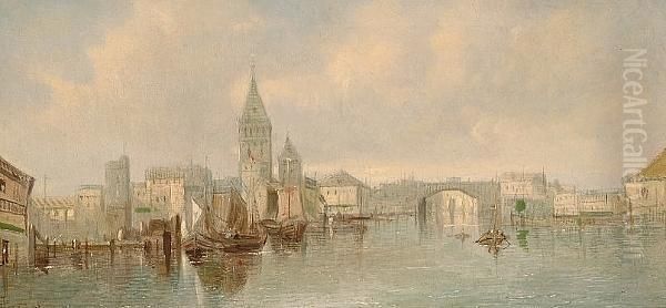 A Continental Port Oil Painting by A.H. Vickers