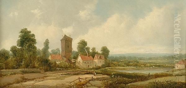 A Rural Landscape With Figures And A Village Oil Painting by A.H. Vickers