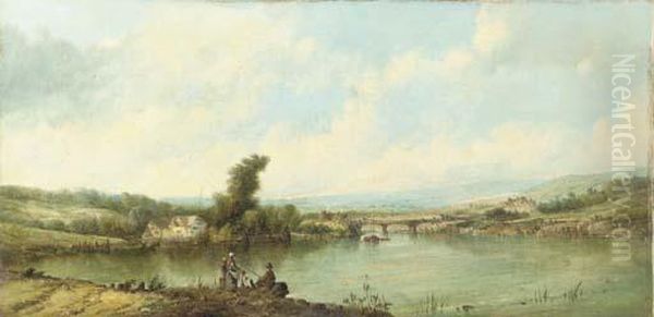 A Family Fishing By The River Oil Painting by A.H. Vickers