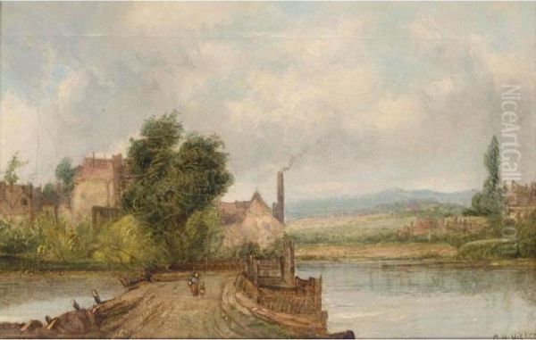 Figures On A Riverside Path; Fishing Vessel On The Shore Oil Painting by A.H. Vickers