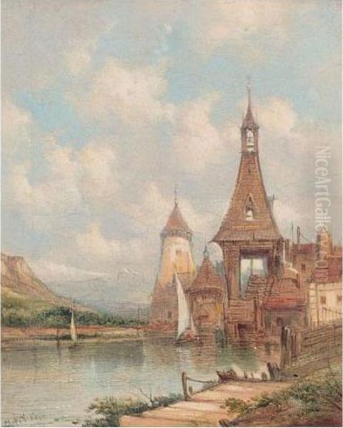 A Village On The Rhine; A Mill On The Rhine Oil Painting by A.H. Vickers