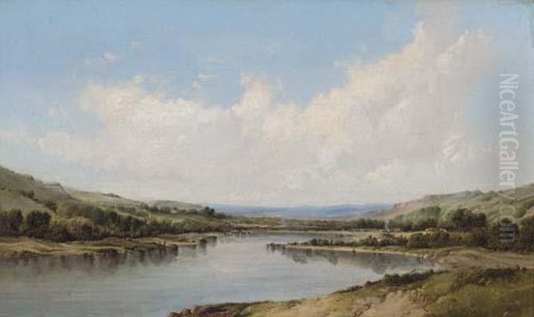 A River Valley Oil Painting by A.H. Vickers