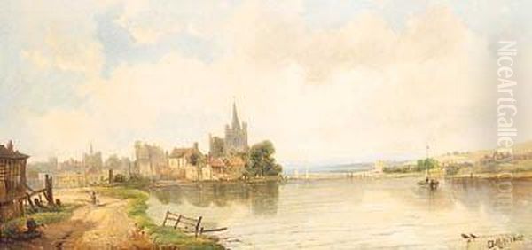 Figures On A Lakeside Path, A Town Beyond Oil Painting by A.H. Vickers