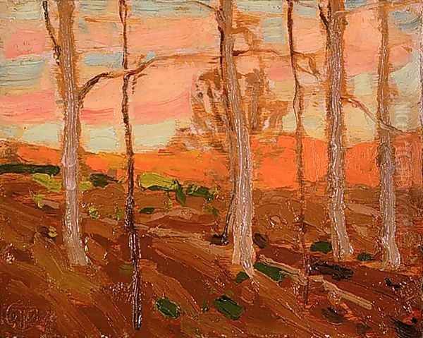 Trees, Red Hill, and Sunset Sky Oil Painting by Tom Thomson