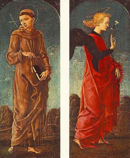 St Francis of Assisi and Announcing Angel (panels of a polyptych) c. 1475 Oil Painting by Cosme Tura