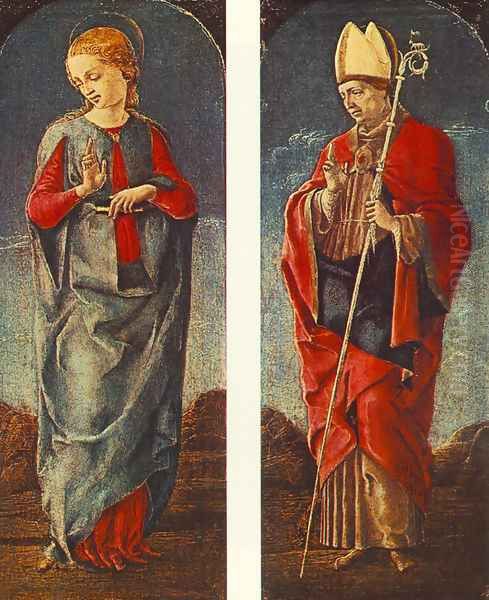 Virgin Announced and St Maurelio (panels of a polyptych) c. 1475 Oil Painting by Cosme Tura