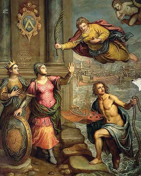 A Sailor offering a model boat to St. Justin Oil Painting by Domenico Tintoretto