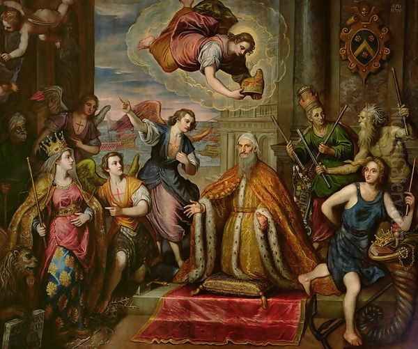 Doge Giovanni Bembo d.1615 kneeling before the personification of the City of Venice Oil Painting by Domenico Tintoretto