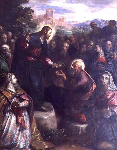 Christ Delivering the Keys to St. Peter with St. Jacinta and St. Justina of Padua Oil Painting by Domenico Tintoretto