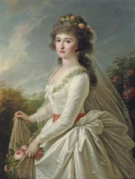 Portrait Of A Young Lady, Three-quarter-length, In A White Dress, Holding Pink Roses Oil Painting by Elisabeth Vigee-Lebrun