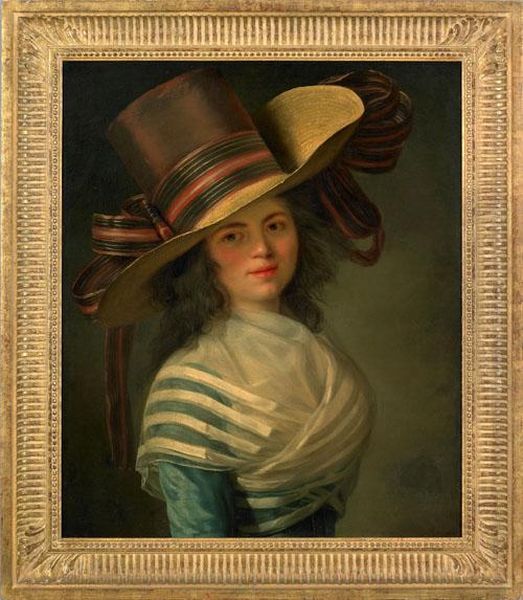 Portrait Of Ayoung Woman Wearing An Elaborate Hat With Ribbon And A Blue Dress Oil Painting by Elisabeth Vigee-Lebrun