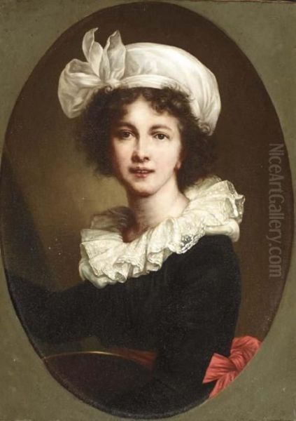 Portrait Of The Artist, Half-length, In A Black Dress, Red Sash And White Bonnet Oil Painting by Elisabeth Vigee-Lebrun