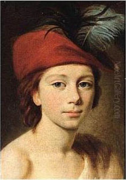 Portrait Of A Young Boy, Head And Shoulders, Wearing A Red Plumed Cap Oil Painting by Elisabeth Vigee-Lebrun