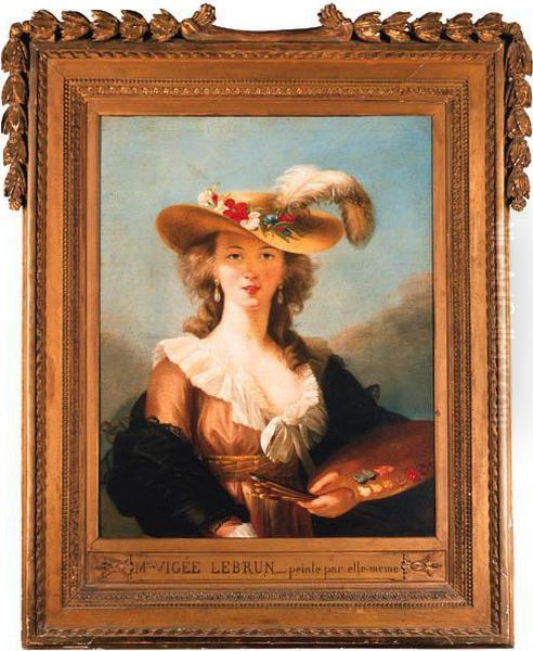 Portrait Of The Artist, Half-length, In A Straw Hat, Holdingbrushes And A Palette Oil Painting by Elisabeth Vigee-Lebrun