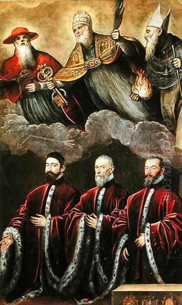 St. Jerome, St. Peter and St. Anthony above a portrait of three lawyers Oil Painting by Domenico Tintoretto