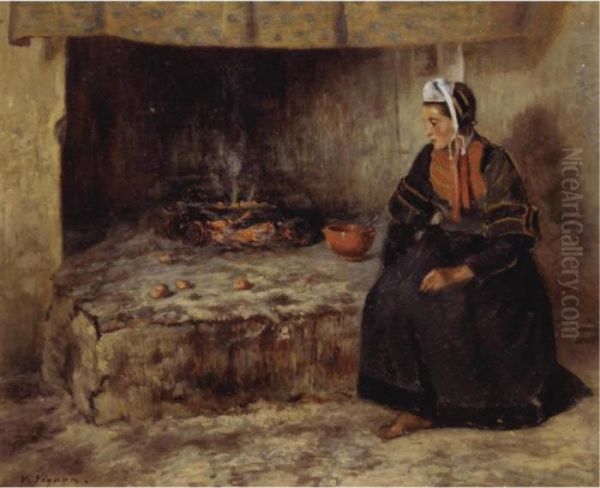 Sitting By The Hearth Oil Painting by Claude Vignon