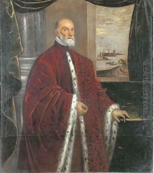 Portrait of a Venetian Senator, three-quarter-length, in robes of office, by a green curtain with a Venetian landscape beyond Oil Painting by Domenico Tintoretto