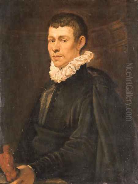 Portrait of a young sculptor, half-length, in a dark coat and jacket, holding a figurine Oil Painting by Domenico Tintoretto