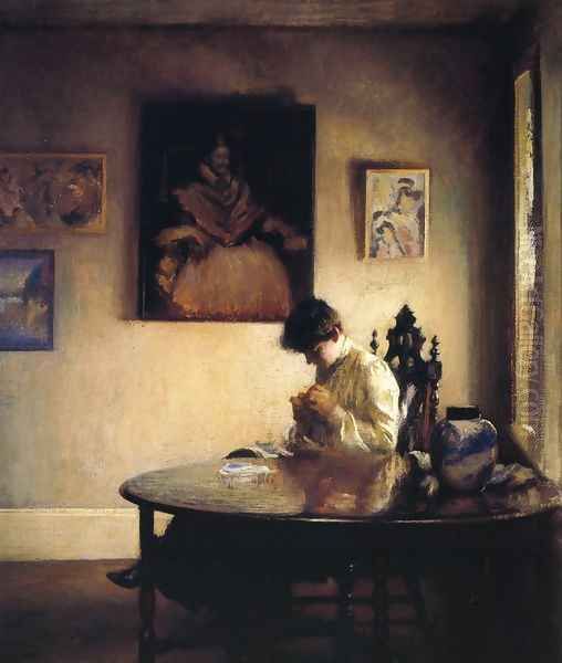 A Girl Crocheting Oil Painting by Edmund Charles Tarbell