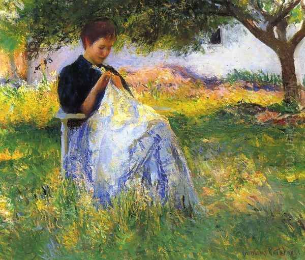 A Girl Sewing in an Orchard Oil Painting by Edmund Charles Tarbell