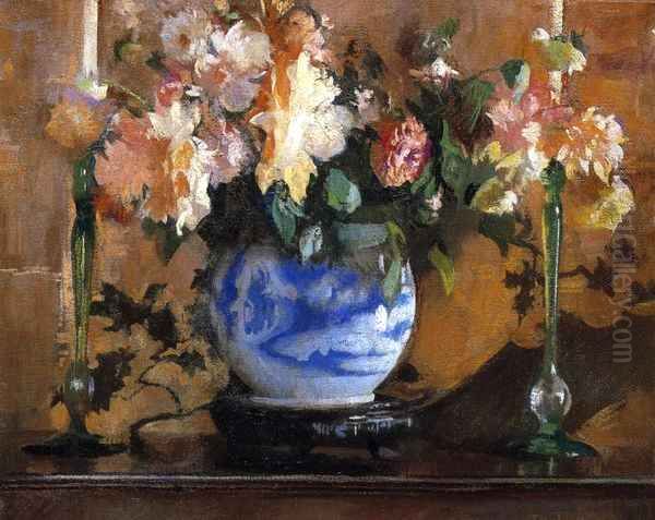 Flowers in a Blue Ginger Jar Oil Painting by Edmund Charles Tarbell