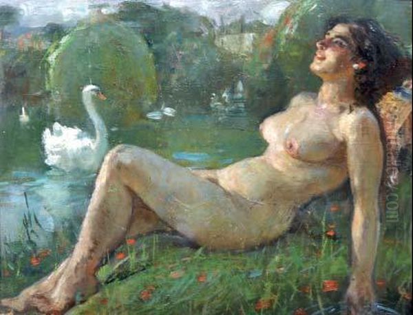 Nudo Di Donna Con Cigno Oil Painting by Gennaro Villani