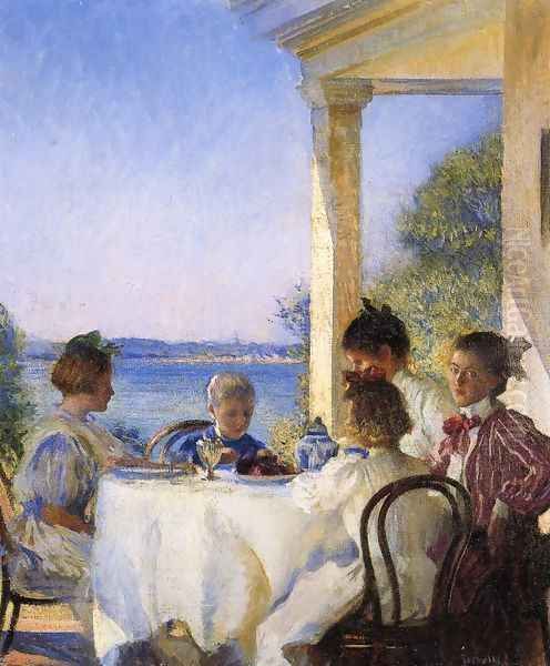 Breakfast on the Piazza Oil Painting by Edmund Charles Tarbell