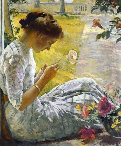 Mercie Cutting Flowers Oil Painting by Edmund Charles Tarbell