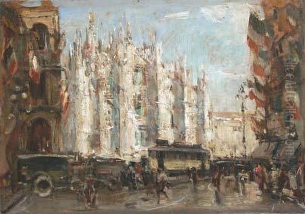 Piazza Del Duomo A Milano Oil Painting by Gennaro Villani