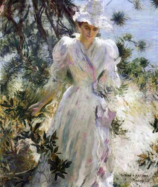 My Wife, Emeline, in a Garden Oil Painting by Edmund Charles Tarbell