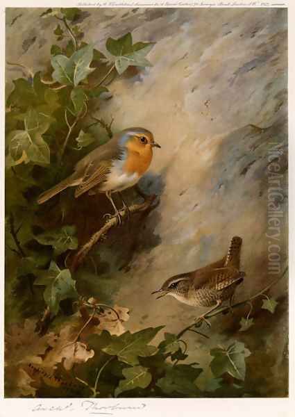 Robin and Wren Oil Painting by Archibald Thorburn