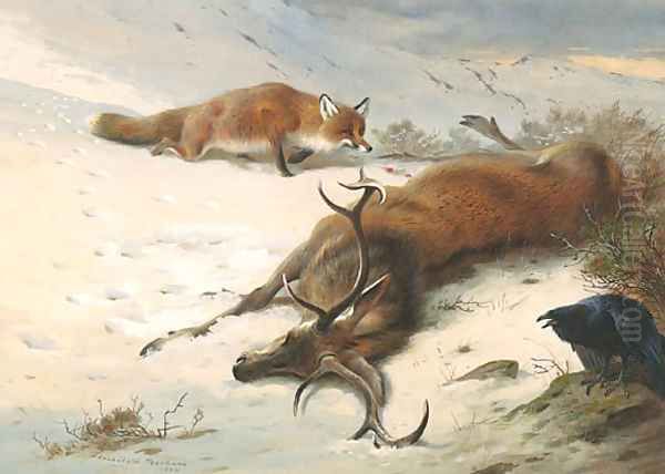 The Fox, the Raven and the dead Stag Oil Painting by Archibald Thorburn