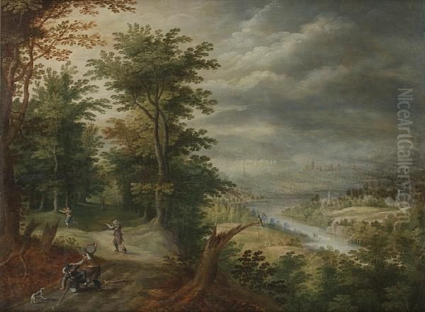 Bandits Attacking Travellers In A Wood, An Open River Landscape In The Distance Oil Painting by David Vinckboons