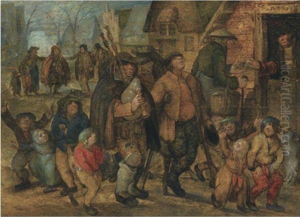 A Village Scene With A Bagpipe Player Surrounded By Children Oil Painting by David Vinckboons